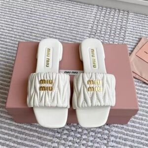 Miu Miu White Quilted Logo Heeled Slide Sandals